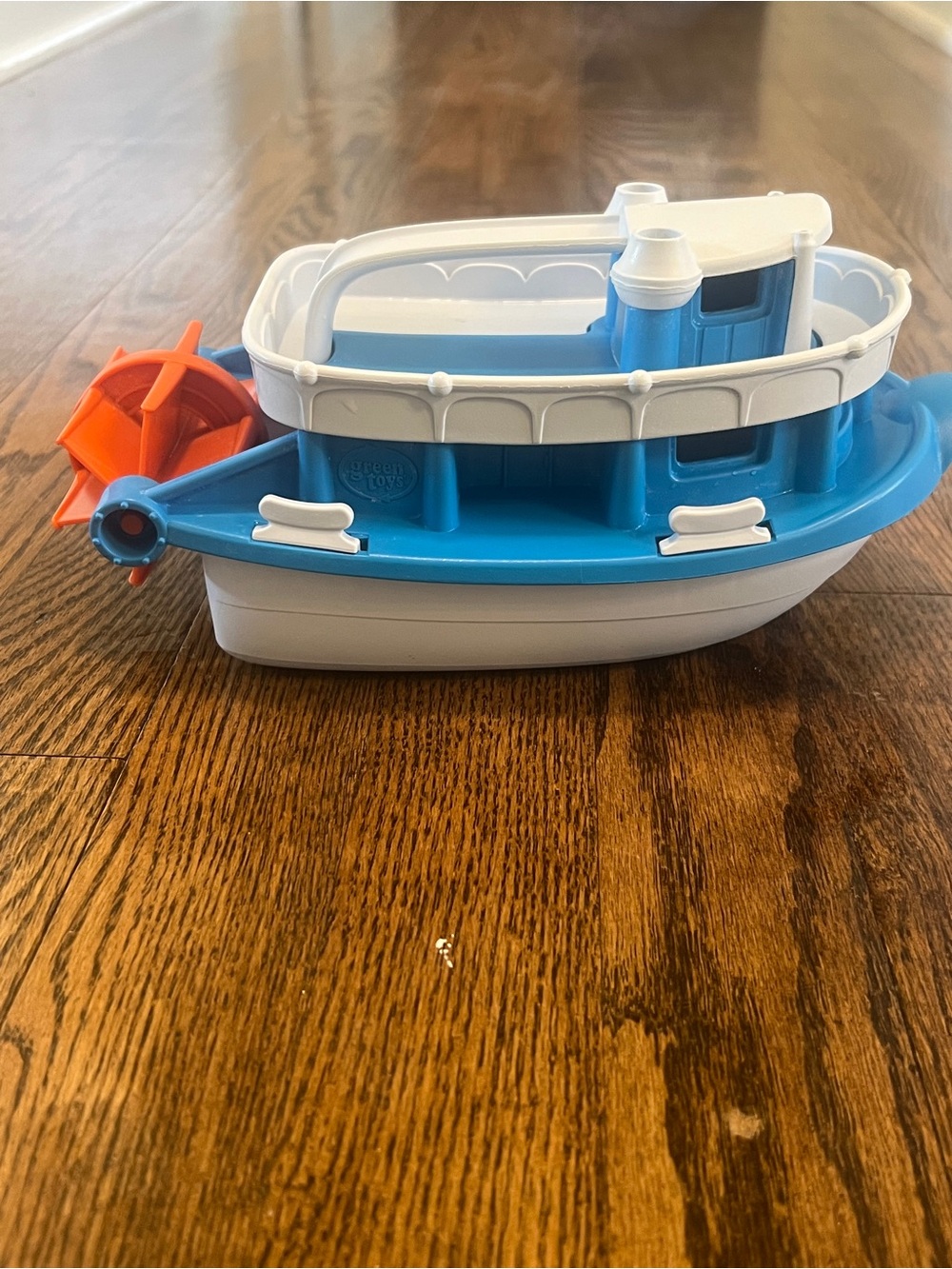 Green Toys Blue and White Kids Paddle Boat Toy with Orange Wheel